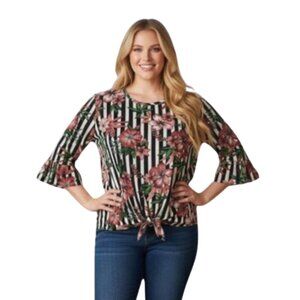 J.M. Fleurette Floral Stripe Tie-Front Blouse XL • Ruffle Sleeves and Stripes